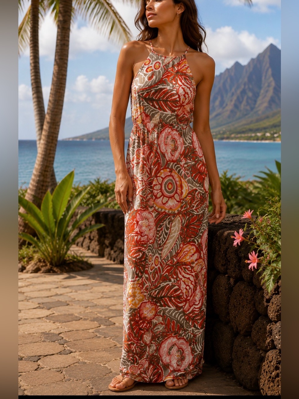 Ann Taylor Coral and Green Printed Halter Maxi Dress